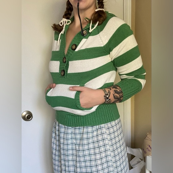 Green and white striped Aeropostale button up hoodie - Picture 3 of 5